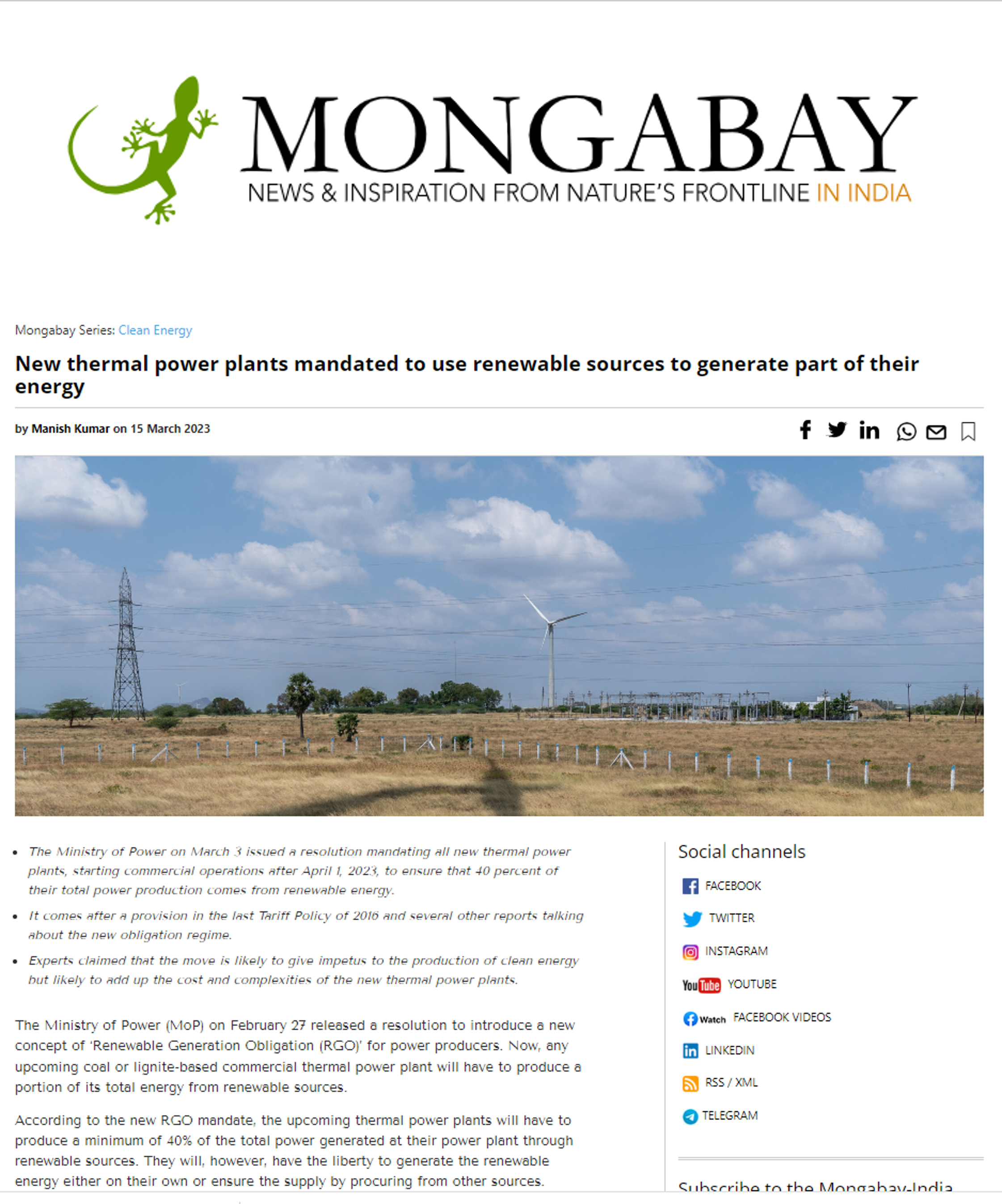 Rishu Garg quoted by Mongabay India on the use of renewable sources by new thermal power plants